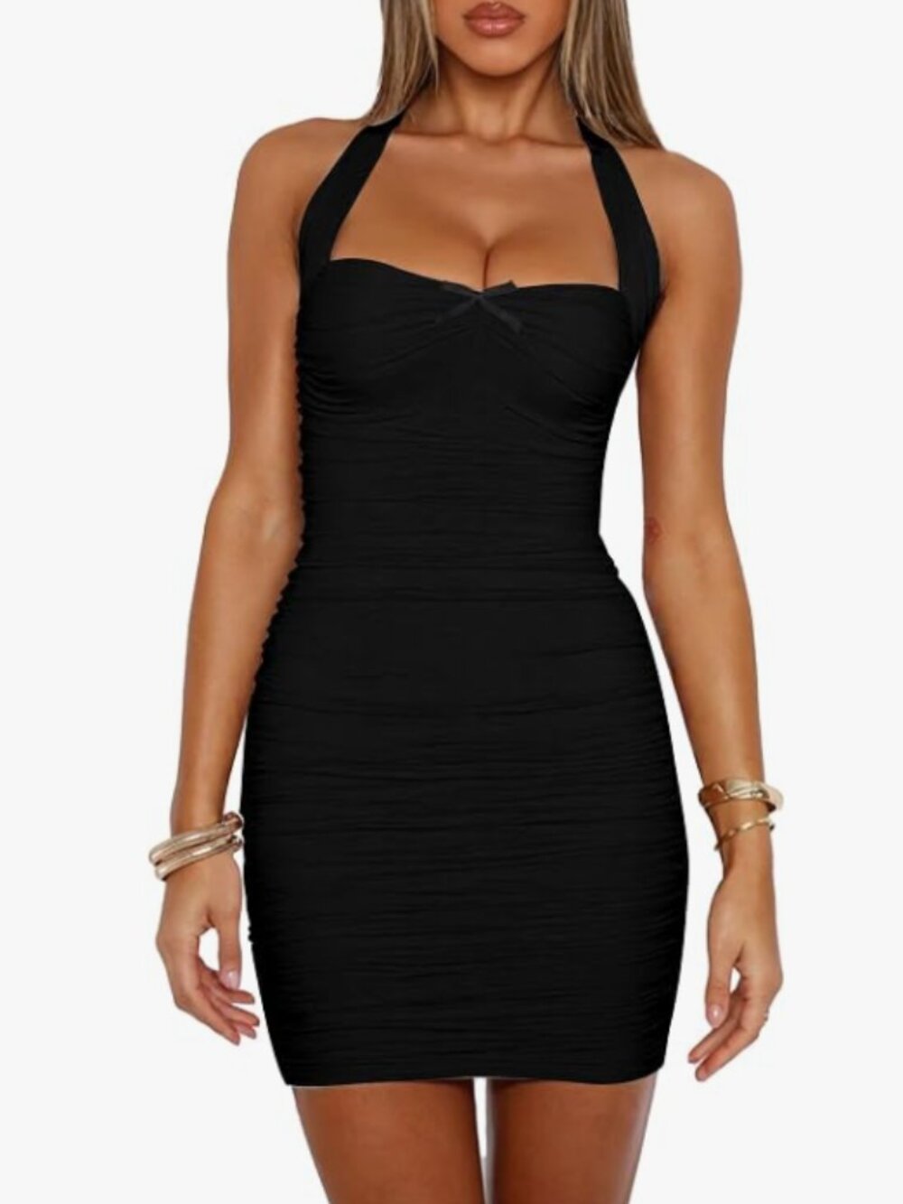 NWT Mizoci Mesh Ruched Halter Bodycon Mini Dress Black Size Extra Large